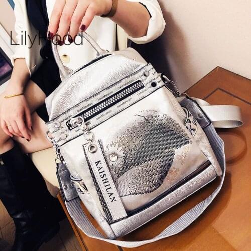 Women Casual Vegan Leather Rhinestone Backpack Female Fashion High Quality Big Size School Metalic Silver Big Capacity Knapsack