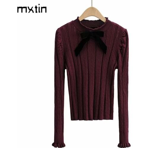 2021 Winter Vintage Elasticity Bow Tie Knitted Sweater Women Fashion Ruffle Long Sleeve Pullover Female Casual Outerwear Tops