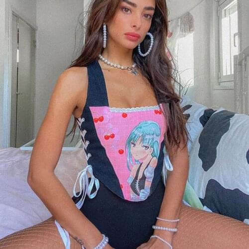 Retro Side Bandage Anime Cute Tops Women Crop Tank Tops Square Collar Streetwear Lady Kawaii Clothes 2021 Summer New Mini Shirts