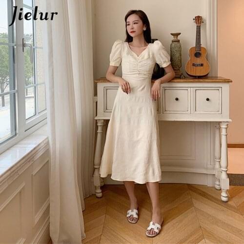 Jielur Short Sleeve Midi Summer Dress Vestido Solid Color Hollow-out A-line Robes Femme Slim Chic V-neck High Waist Dress S-XL