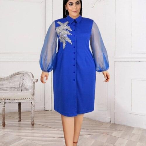 Traditional Dashiki African Women Dresses Appliques Long Lantern Sleeve Elegant Office Lady Work Wear Robes New Africa Clothing