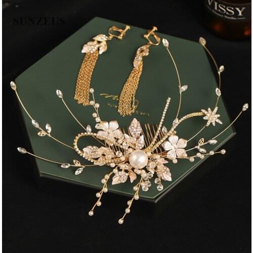 Gold Comb Handmade Hair Accessories Pearls Metal Flowers Elegant Bridal Wedding Headwear Earrings Jewelry opaska do wlosow HD01