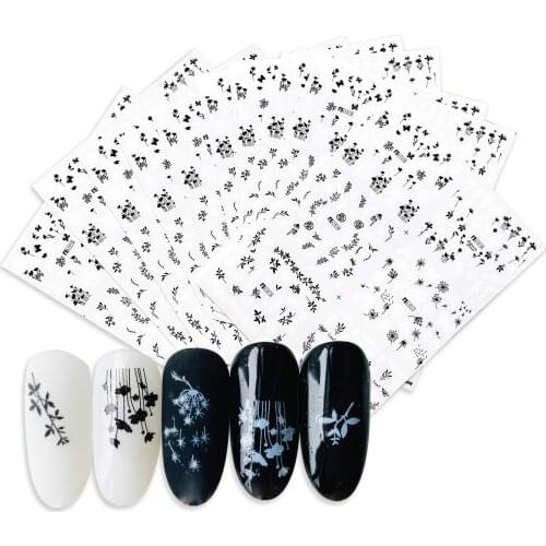 10pcs 60 Designs Black White Nail Art Stickers Sliders Flowers Leaves Nail Art Decorations Sticker Water Transfer Decal