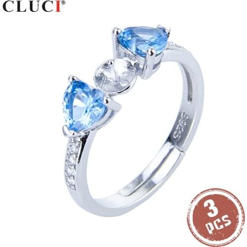 CLUCI 3pcs Silver 925 Rings for Women Pearl Ring Mounting Making 925 Sterling Silver Adjustable Blue Zircon Rings SR2176SB