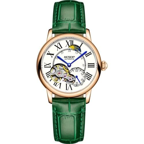 AESOP Automatic Mechanical Skeleton Watch Women Luxury Genuine Leather Sapphire Woman Wristwatch Female Clock Relogio Feminino