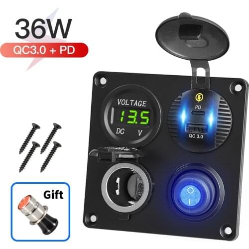 Car Charger With Voltmeter Digital Display PD & QC3.0 Fast Charge On/off Switch 12V24V 120W-250W Modified Cigarette Lighter