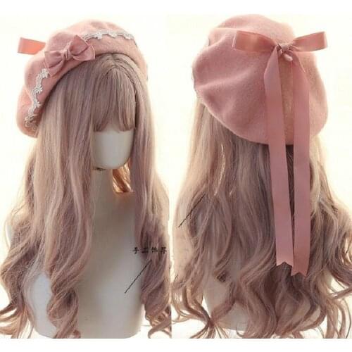 Autumn Winter Japanese Kawaii Beret Hat Lolita Teenage Heart Sweet Woolen Handmade Bowknot Women Casual Painter Cap Headdress