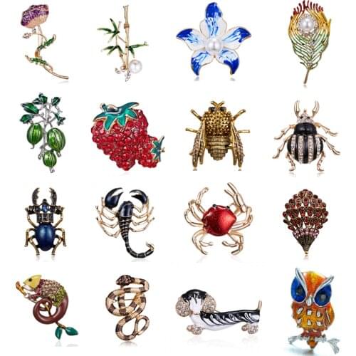 Rinhoo Enamel animal bee beetle snake crab lizard owl dog flower Brooches For women girl Crystal Brooch Pins Gift