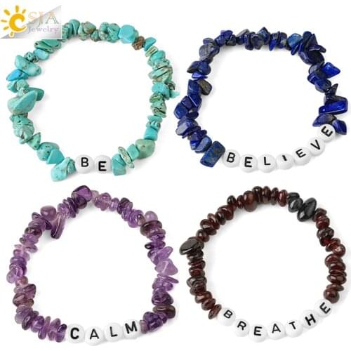 CSJA Alphabet Bracelets Natural Lapis Purple Crystal Chip Stone Acrylic Spaced Beads Stretch Bracelet Female Trendy Jewelry G650