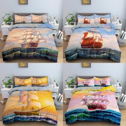 Sailboat Pattern Bedding Set Duvet Cover with Pillowcase Queen King Size Bedding for Kids Bedroom