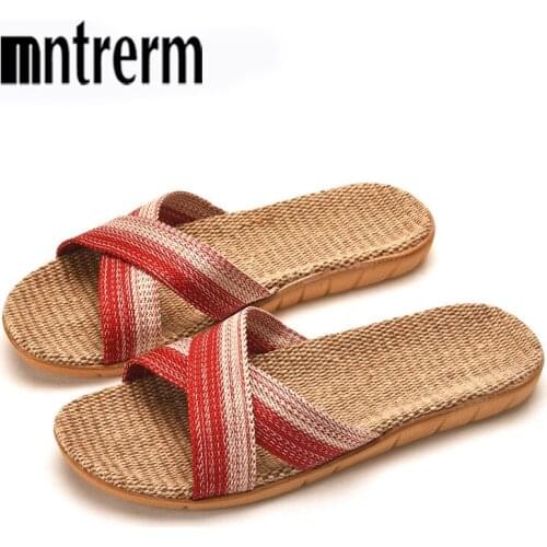 Mntrerm New Mens Summer Slippers Flats Breathable Linen Casual Sandals Home Bathroom Non-slip Flip Flops Indoor Shoes Pantufa