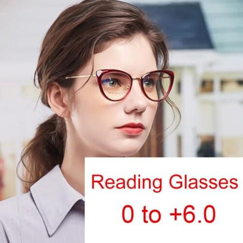 Fashion Red Cat Eye Reading Glasses Reduce Headaches Blue Light Blocking Luxury Brand Prescription Spectacle Frames Diopters +2
