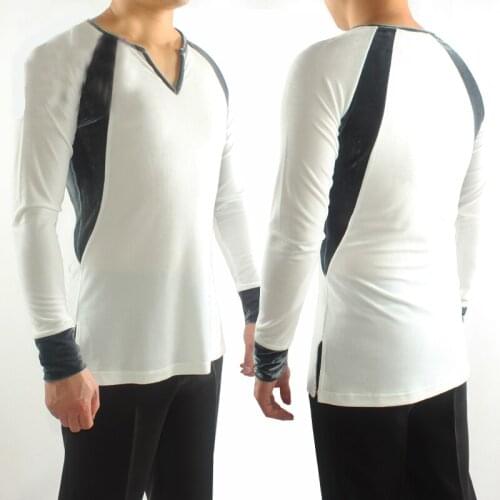 New MenS Latin Dance Tops Adult Costume Velvet Two-Color Stitching Long-Sleeved V-Neck Ballroom Samba Practice Clothes ZH3122