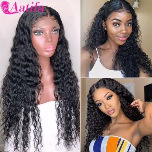 Malaysian Water Wave Lace Wigs AATIFA 4x4 Lace Closure Wig 100% Human Hair Lace Wigs For Black Women HD T Part Lace Part Wig