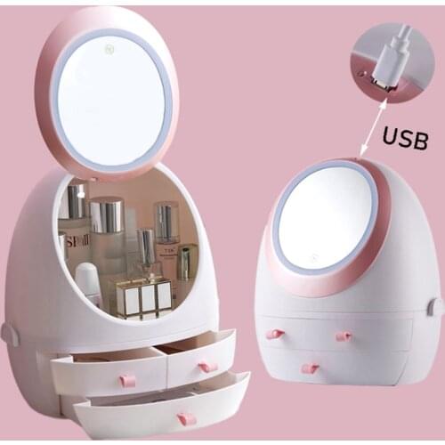 LED Light Makeup Storage Box HD Mirror Cosmetic Storage Box Portable Creative Beauty Box Detachable Desktop Storage Box Portable