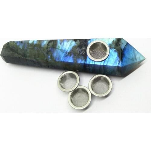 Drop shipping shiny labradorite crystal wand smoke pipe Natural gemstone quartz point tobacc tube with 3pcs metal mesh healing