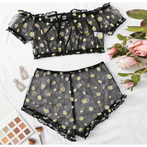 Plus Size Sexy Lingerie Set Hot Erotic Transparent Cute Women Embroidery Lace Bowknot Off-shouder Lingerie Set Sleepwear