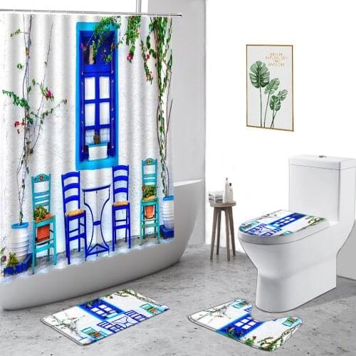 Garden Flowers Scenery Shower Curtains Plants European Style Retro Window Bathroom Decor 4-Piece Non-Slip Carpet Toilet Cover