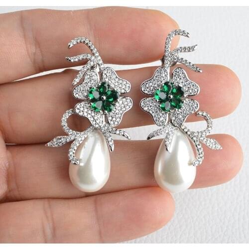 Teardrop Green White Sea Shell Pearl Cz Pave Flower Earrings