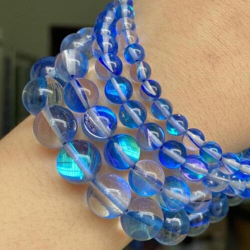 Blue Round Glitter Austrian Crystal Beads Flash Moonstone Loose Beads For Jewelry Making Diy Bracelet Necklace 6 8 10 12mm 15