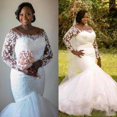 Plus Size African Wedding Dresses Vestios De Marriage New Custom Hot Sales Applique Tulle Sheer Long Sleeve Mermaid Bridal Gowns
