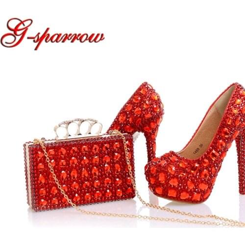 Glitter Red Crystal Bridal Wedding Dress Shoes Party Evening Dress Shoes Party Prom High Heels with Matching Crystal Clutch Bag