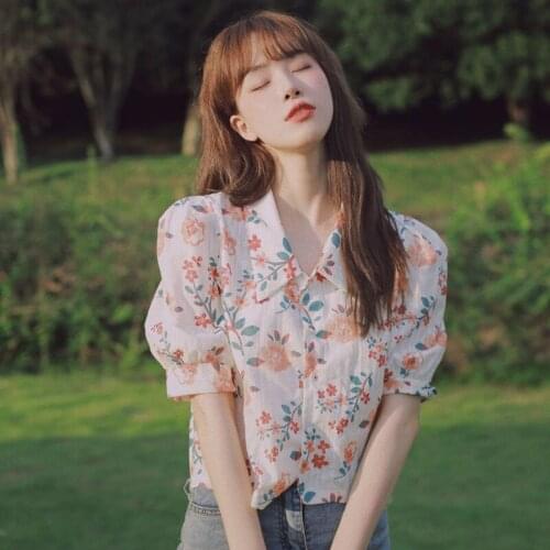 Hstar Tops Casual Women Crop Tops Summer Blouse Female Vintage Chiffon Casual Floral Shirts Puff Sleeve Office Beach Blouse
