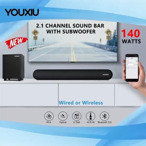 YOUXIU 140W 2.1 Channel Sound bars with Wired Subwoofer Home Theater System Sound Bluetooth Speakers Support Optical AUX Coaxial