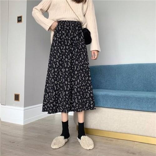 2021New style black floral a-line skirt printed female high waist mid-length spring sweet ladies holiday ladies skirt