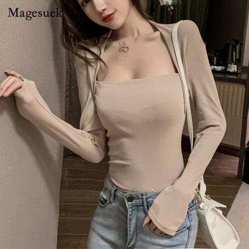 2021 Autumn Korean New Long Sleeve T-shirts for Women Square Collar Slim T-shirt Elegant Sexy Bottoming Shirt Tops Blusa 16523
