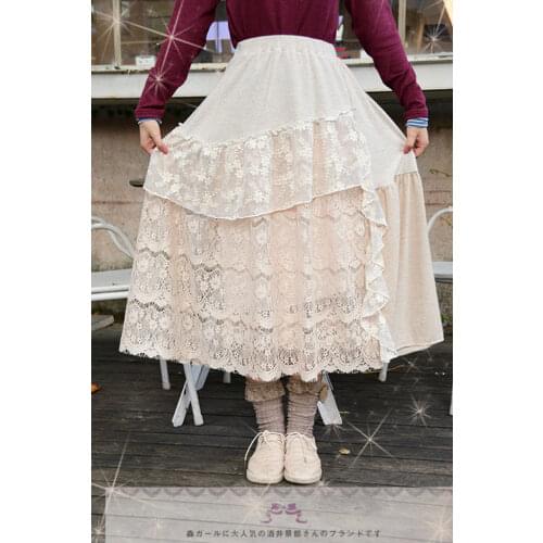 Forest Mori Girl Pure Color Japanese Harajuku Lace Patchwork Cute Womens Elastic Waist Sweet Big Swing Fairy Princess Skirts