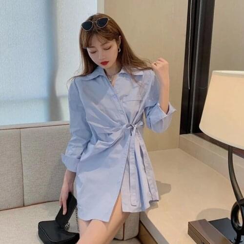 Zaily 2021 Women Autumn Long Sleeve Sashes Casual Shirts Fashion Blue Turn-down Collar Shirt Lightweight Mid-length Blouse