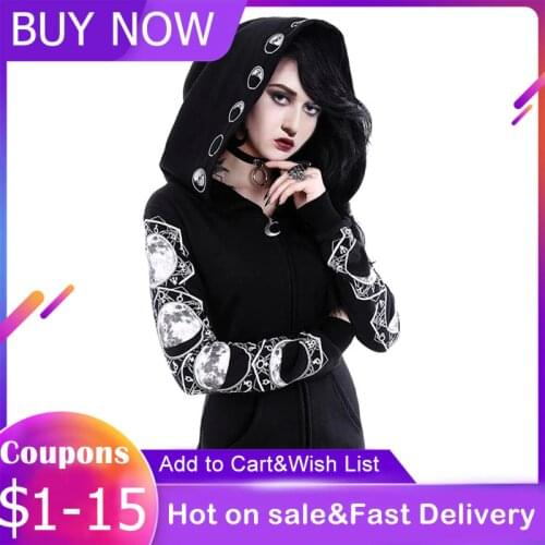 Women Black Hooded Zipper Casual Hooded Pockets Letter Moon Print Gothic Punk Hoodies Female Dark Punk Goth Sweatshirt