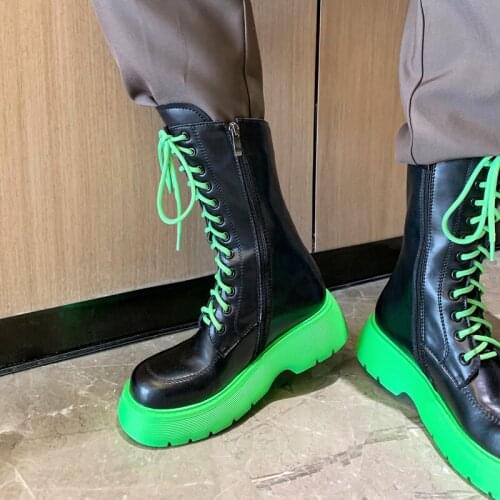 Autumn Winter 2021 Martin Boots Women Mid Tube Short Boots Thick Bottom Mixed Colors Lace-up Platform Boots Zapatos Mujer Shoes