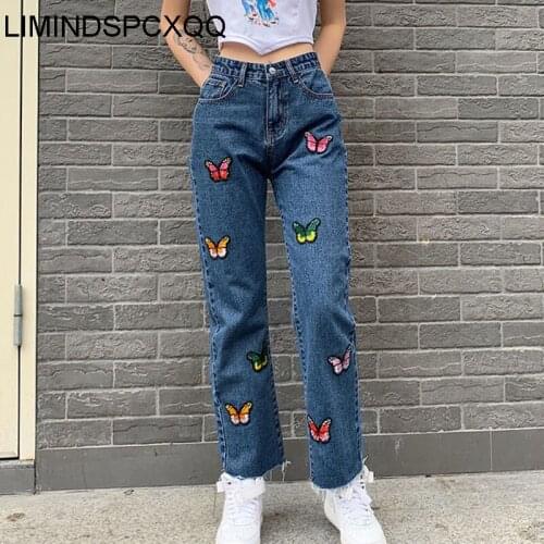 2021 Casual Jeans Woman Long Trousers Cowboy Female Loose Streetwear Butterfly Embroidered Straight Pants Vintage Denim Fashion