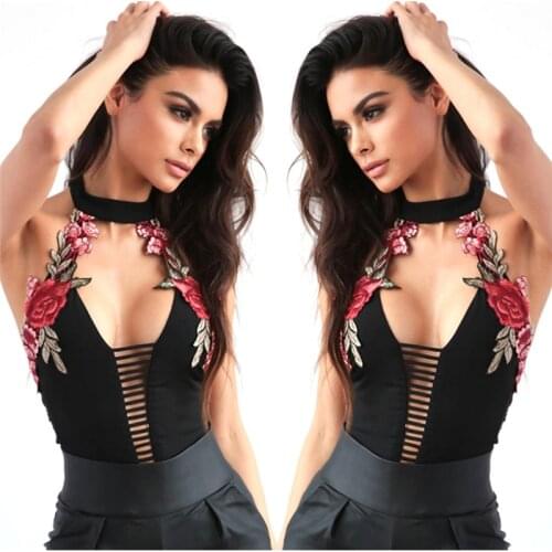 Fashion Women Sleeveless Deep V-Neck Backless Floral Halter Bodysuit Leotard Bandage Flower Jumpsuit Romper Tops Vintage Custume