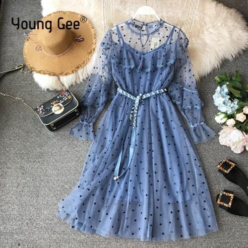 Young Gee Spring Autumn Dress Polka Dot Long Sleeve Elegant Lace Fairy Mesh Dresses with Pearls Decoration Belt Modis Vestido
