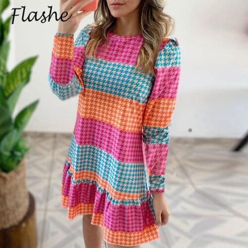 Casual Ruffles Loose Dress Women Spring Autumn Long Sleeve Print Woman Dress Plus Size 2021 Fashion Color Contrast Beach Dresses
