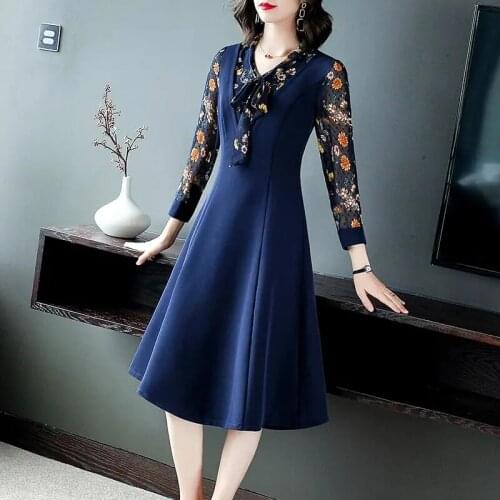 Patchwork Fake Two Piece Floral Dress Women Spring Autumn Mesh Long Sleeve Slim Vintage Dress Casual Mid-Length A-Line Dress