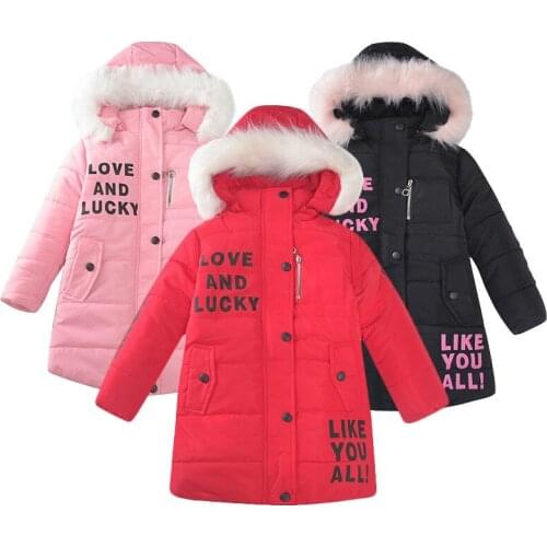 Girls winter plus velvet mid-length large fur collar down padded jacket girl letter hooded thick warm loose casual padded jacket