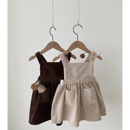 0-3Yrs Korean Style Baby Girls Corduroy Suspenders Dresses Solid Color Ball Gown Toddlers Kids Straps Princess Dress
