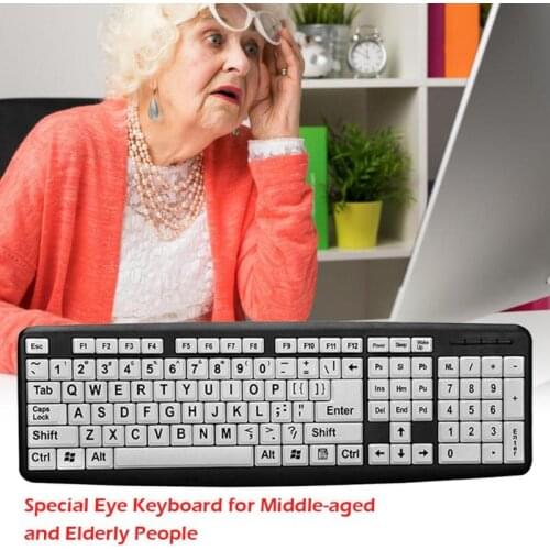107 Keys USB Wired Large Print Keyboard for Elderly Poor Eyesight for Low Vision Old Men White Keys Black Letter Keyboard