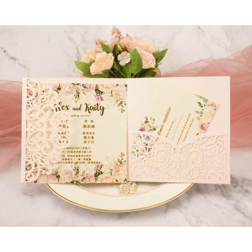 50pcs square pocketfold design Laser Cut Wedding invitation Cards three folded card Greeting invitations for party supplies