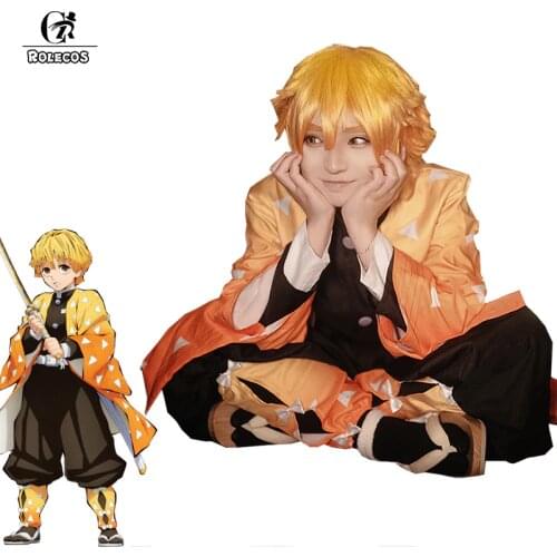ROLECOS Anime Demon Slayer Cosplay Costume Agatsuma Zenitsu Kimetsu no Yaiba Cosplay Costume Men Kimono Yellow Uniform Full Set