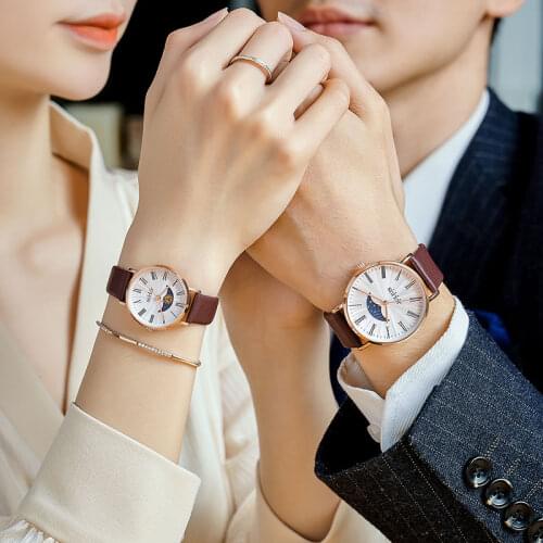 Sun&Moon Julius Mens Watch Womens Watch Couple Lovers' Clock Fashion Hours Real Leather Simple Boy Girls Birthday Gift Box