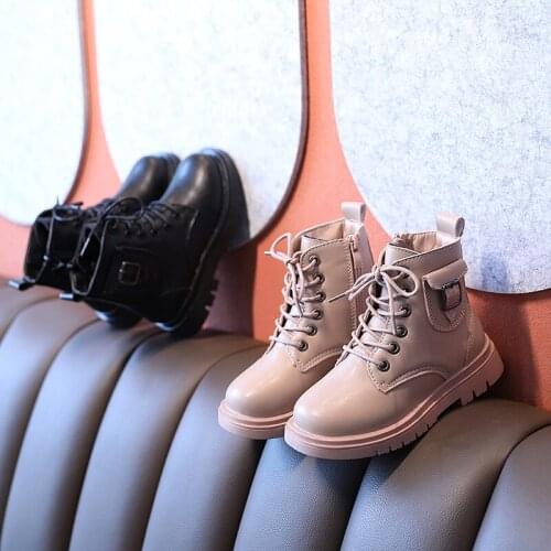 2-18y Children Boots Spring Autumn Boys Girls Martin Boats Ankle Shoes Pu Leather Letter Lace-up Non-Slip Solid Black Sneakers 3