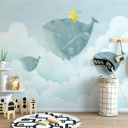 Custom Mural Wallpaper Nordic 3D Creative Sky White Cloud Whale Background Wall Childrens Room Background Wall Papel De Parede