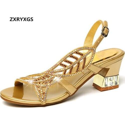 Hot Selling 2019 Newest Open Toe Summer Rhinestone Sandals Women Shoes High Heel Fashion Sandals Genuine Leather Shoes Sandals