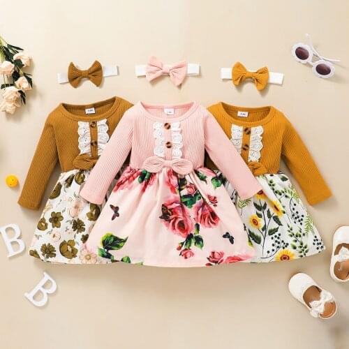 Princess Baby Girls Floral Printed Dress Long Sleeve Ribbed Cotton Patchwork Dresses+Hairband 2PCS Baby Girls Clothing