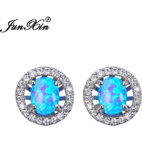 JUNXIN New Chic Oval Ocean Blue/White Fire Opal Stud Earrings For Women Silver Color Round Zircon Earrings Ear0788